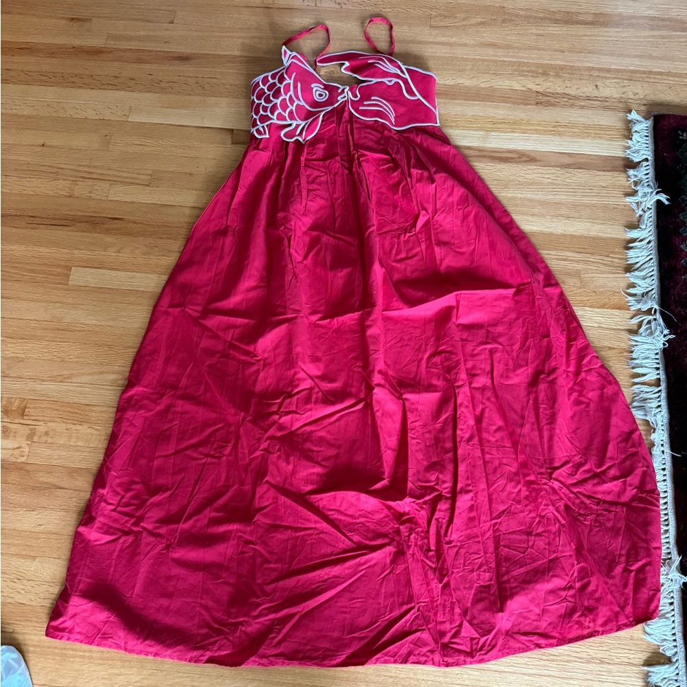 Red Halter Maxi Dress with Fish Design